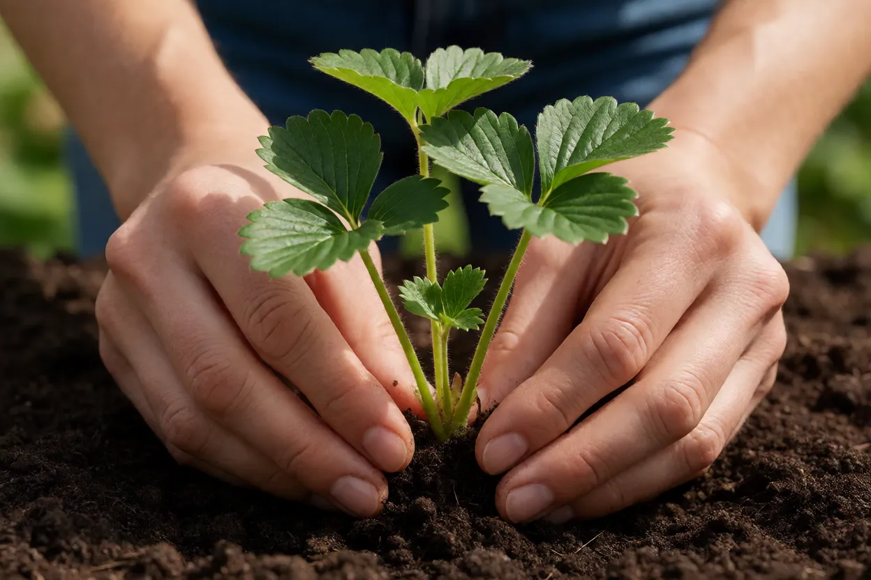 Plantio de muda de morango mostrando a posi&ccedil;&atilde;o correta da coroa