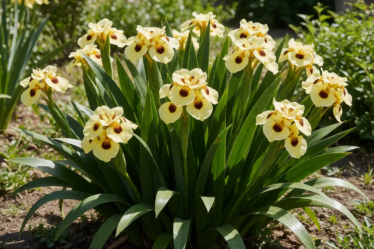 Moréia-bicolor adulta florida em canteiro de jardim com sol pleno