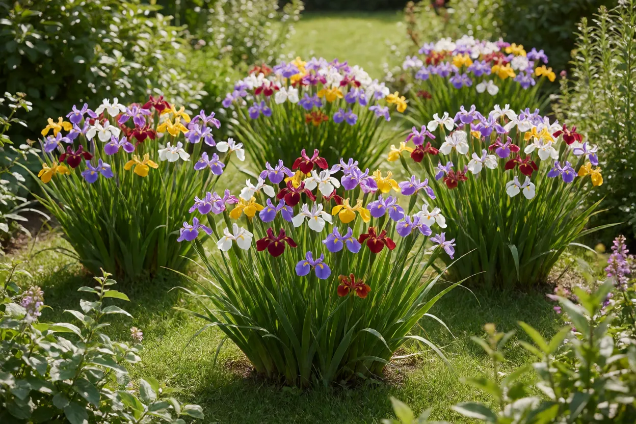 Jardim com moreias em florescimento pleno