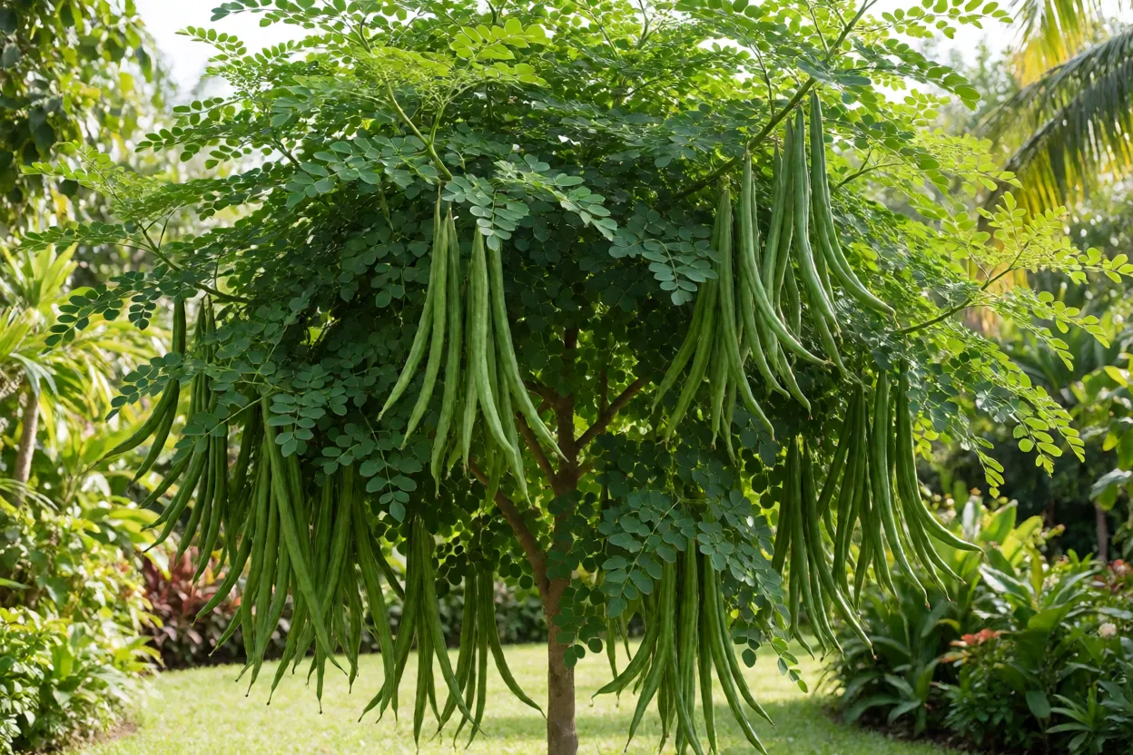 Moringa Árvore de moringa com vagens verdes longas pendentes no quintal