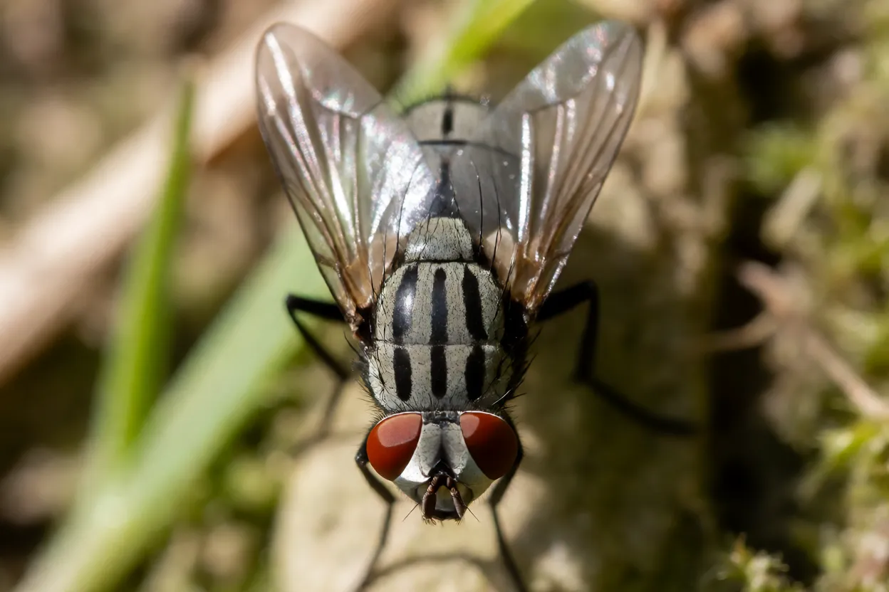 Mosca doméstica em macro com corpo cinza e listras no tórax