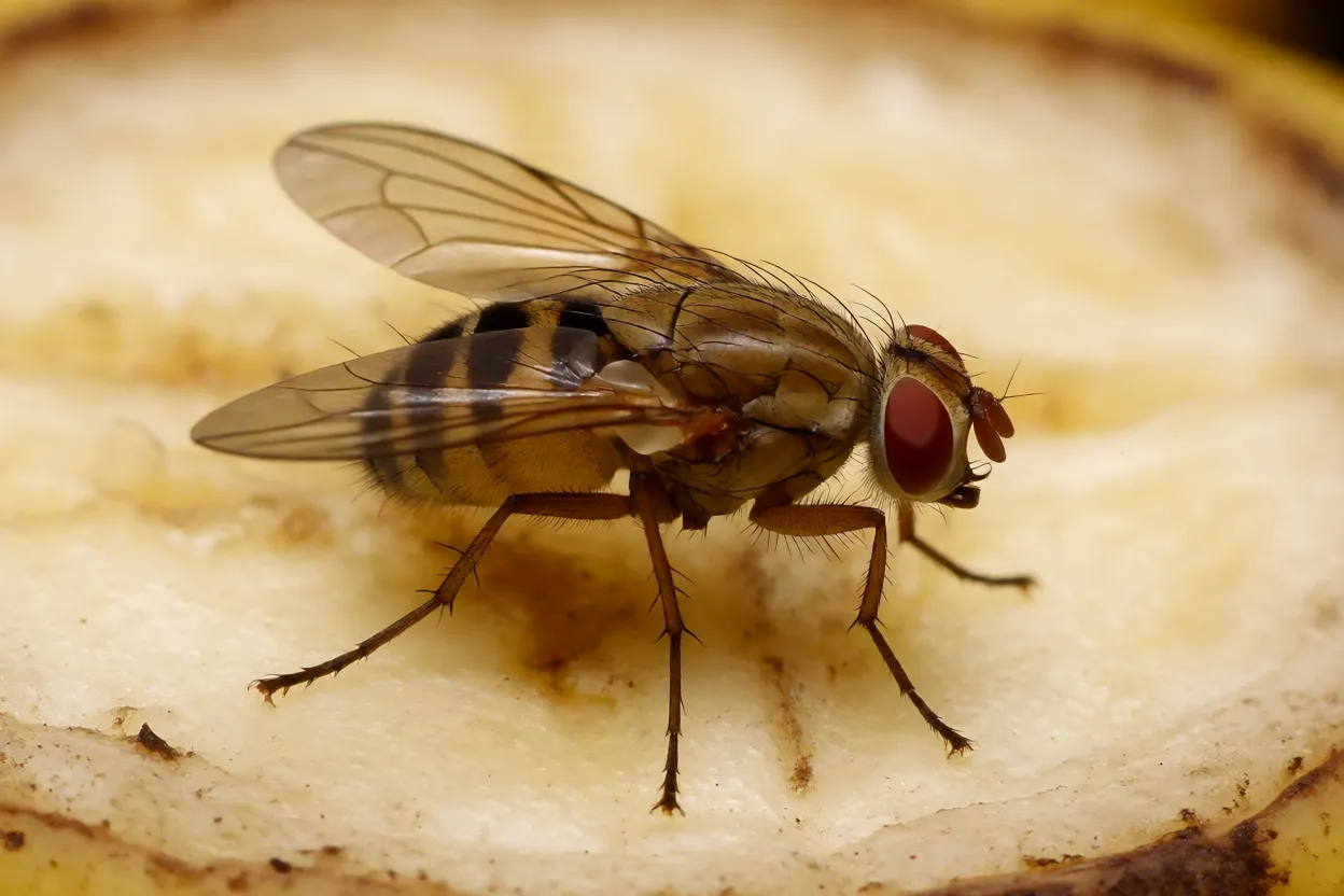 Mosca-da-vinagre Mosca-da-vinagre adulta de corpo amarelo-acastanhado e olhos vermelhos sobre banana madura