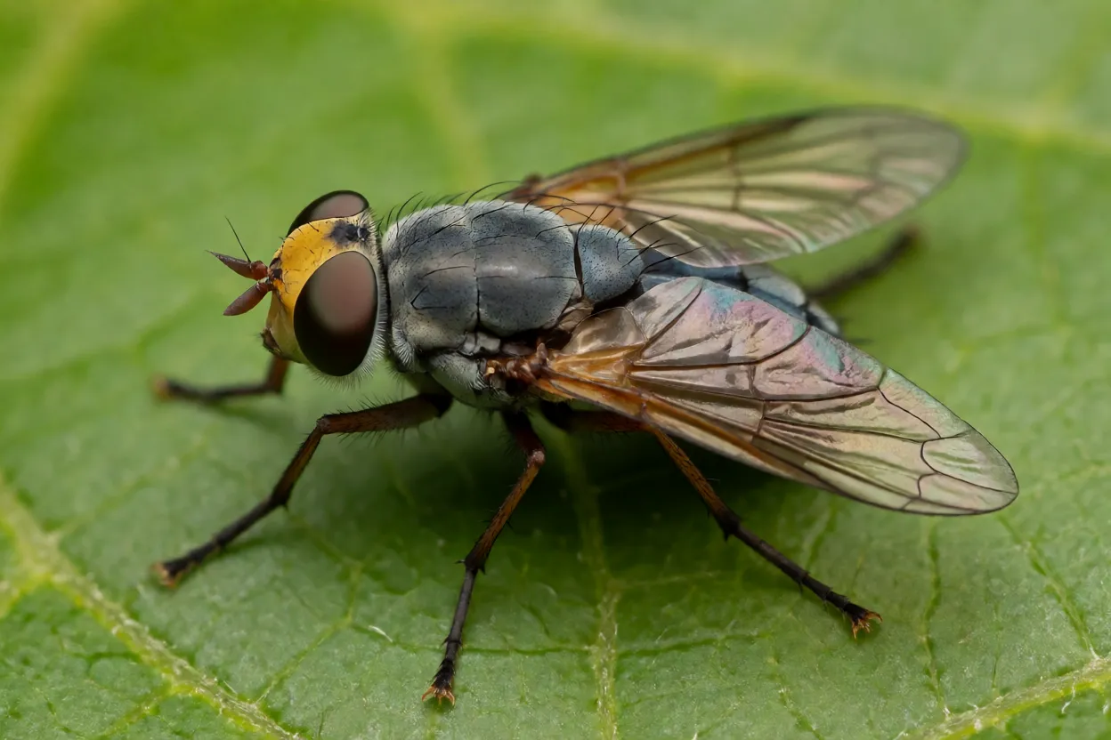Mosca-do-berne adulta Dermatobia hominis vista em macro sobre folha