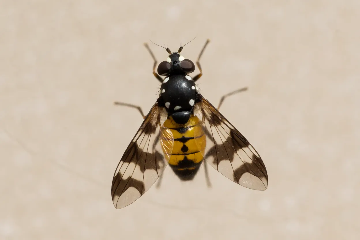 Mosca-do-mediterrâneo adulta vista de cima com asas manchadas
