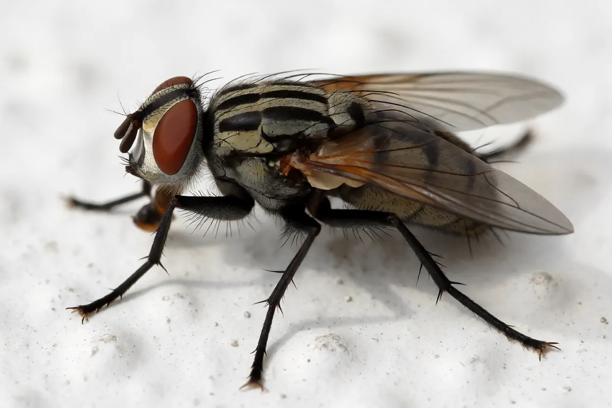 Mosca-doméstica adulta de corpo cinza pousada em parede clara vista lateral