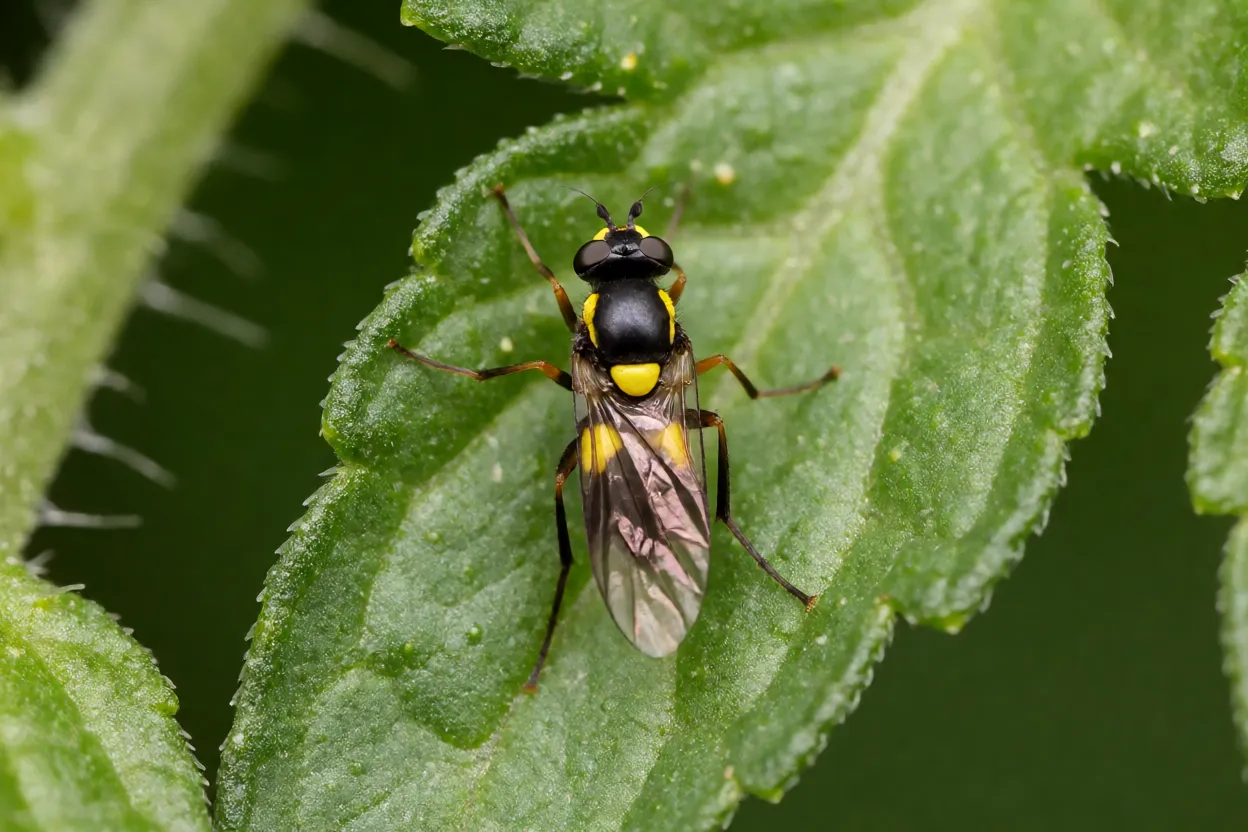 Mosca-minadora adulta sobre folha de tomateiro em macro