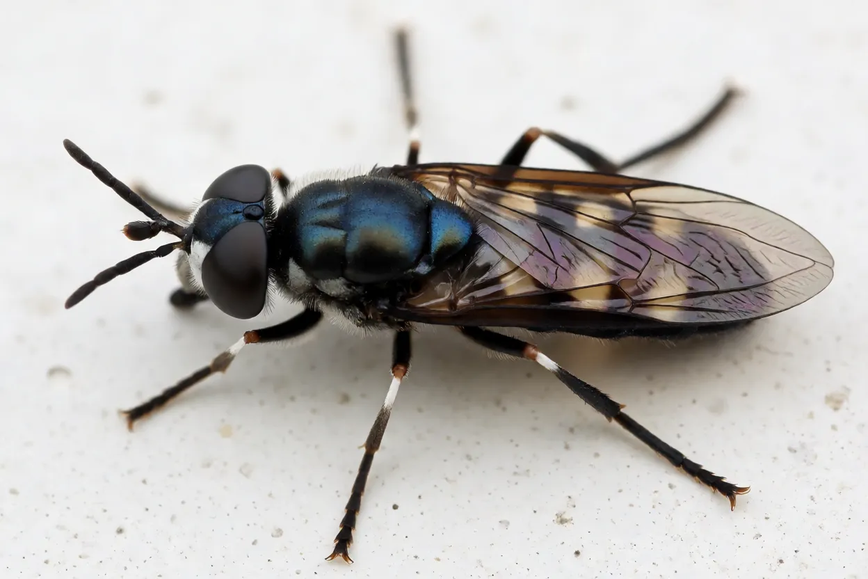 Mosca-soldado-negra adulta em vista macro mostrando corpo preto-azulado e pernas com pontas brancas
