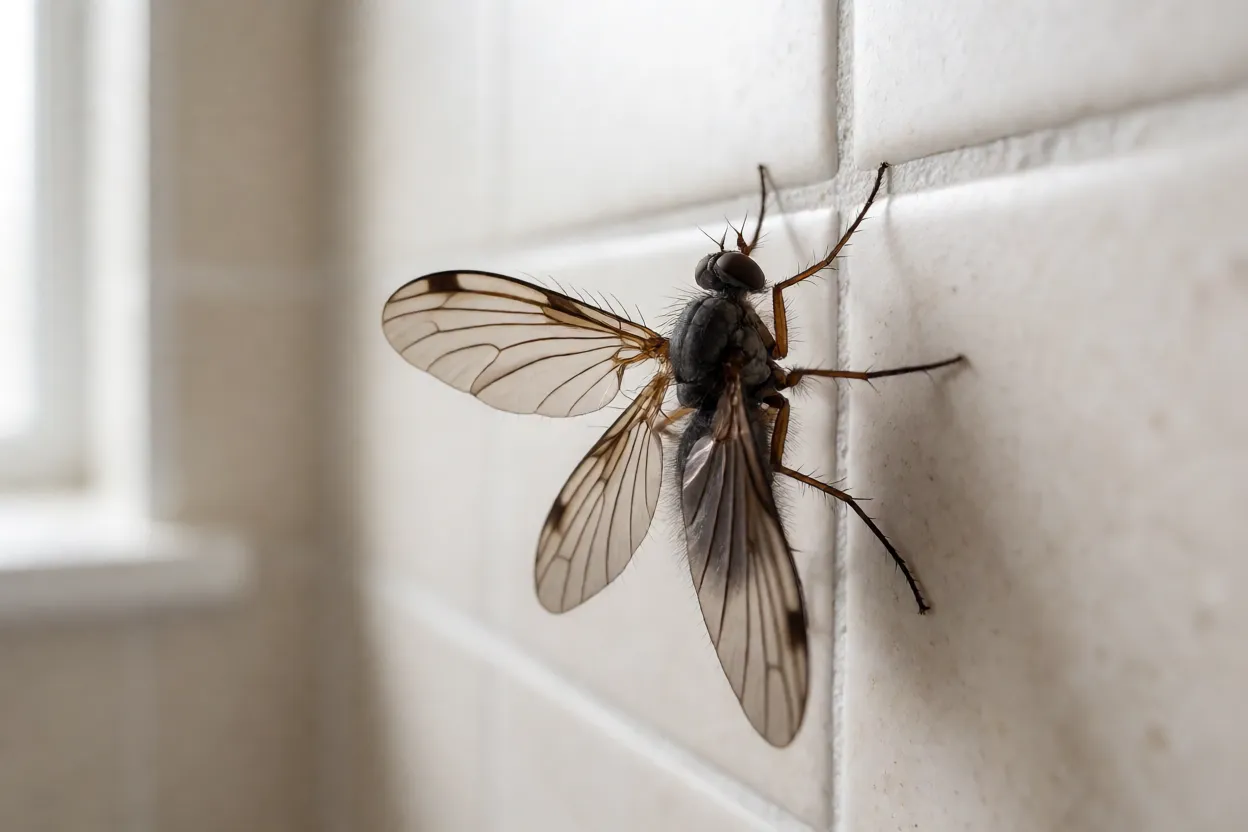 Mosquito-de-banheiro com asas abertas pousado na parede do banheiro