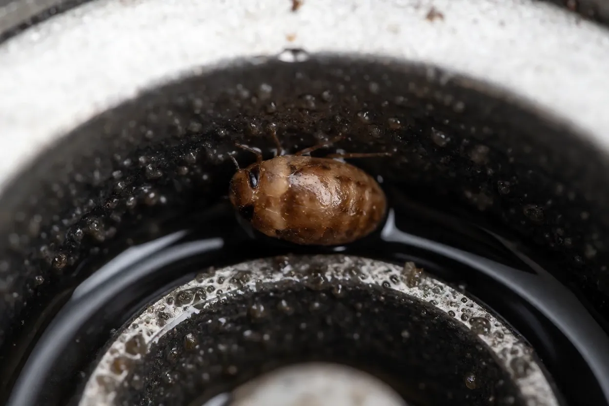 Pupa do mosquito-de-banheiro fixada perto da linha d'água do ralo