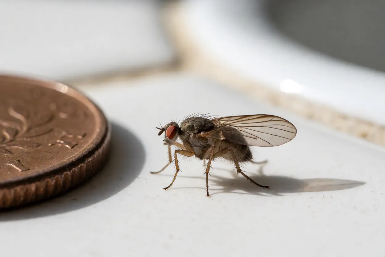 Mosquito-de-banheiro ao lado de moeda para comparação de tamanho