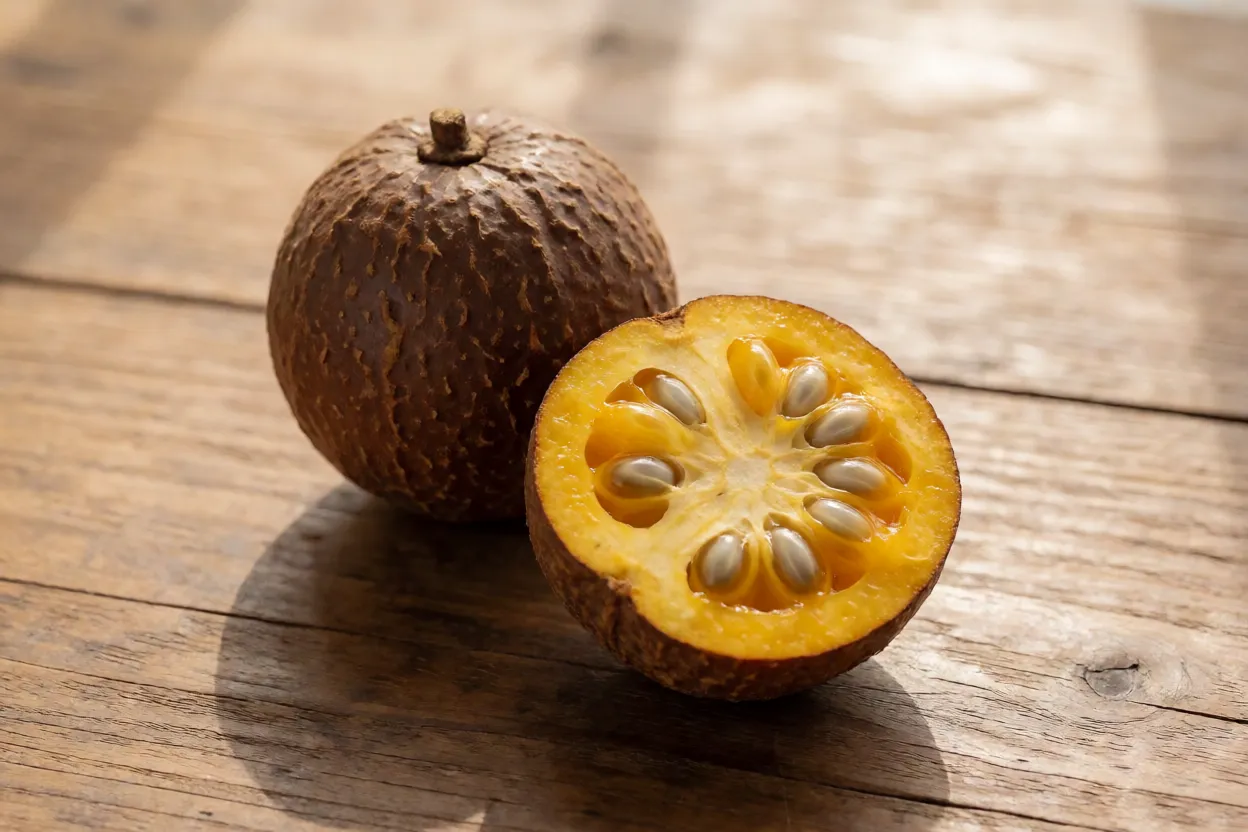 Frutos de mundu inteiros e cortado ao meio mostrando polpa amarelo-alaranjada