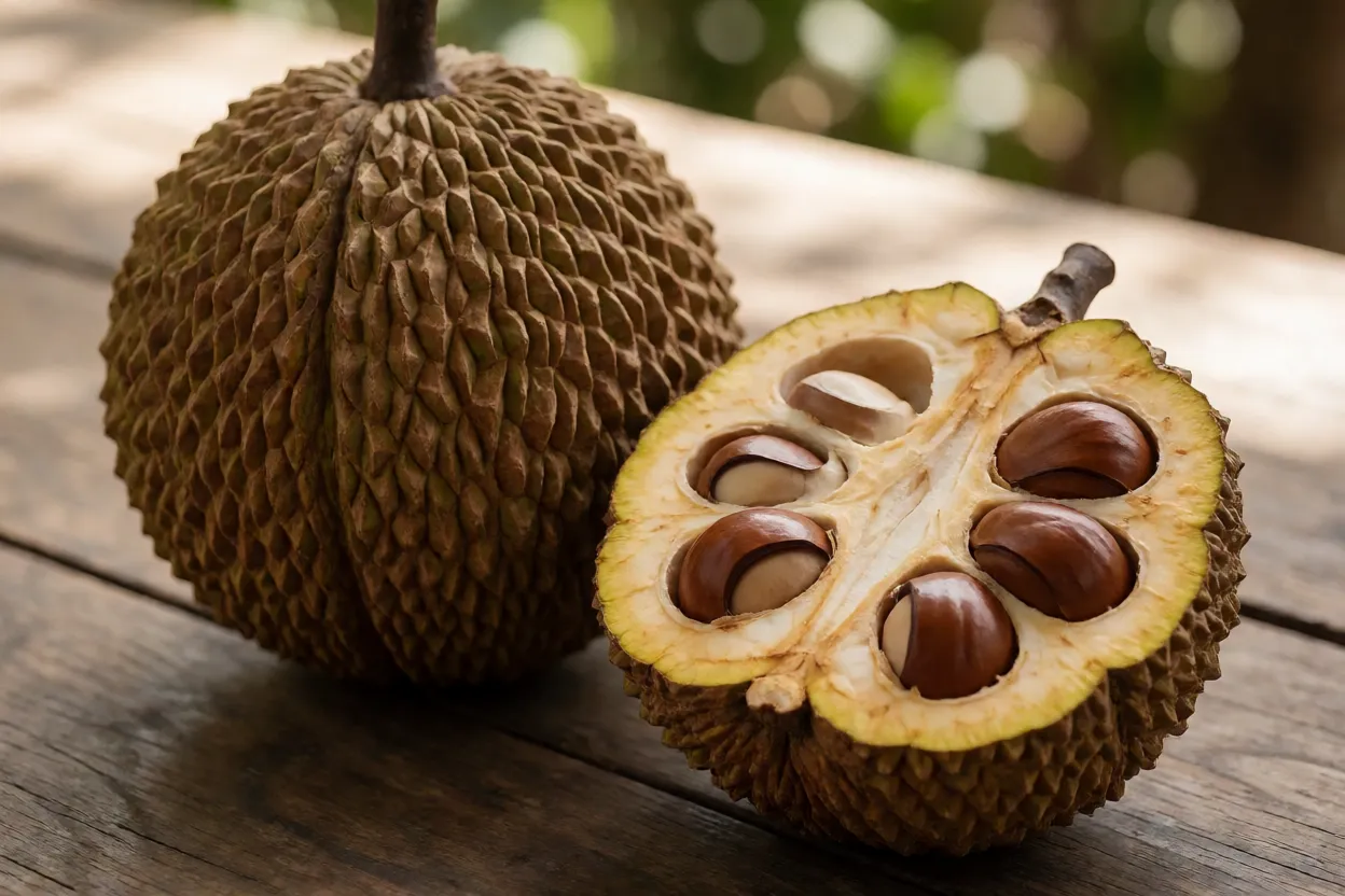 Fruto de munguba inteiro e aberto mostrando as castanhas