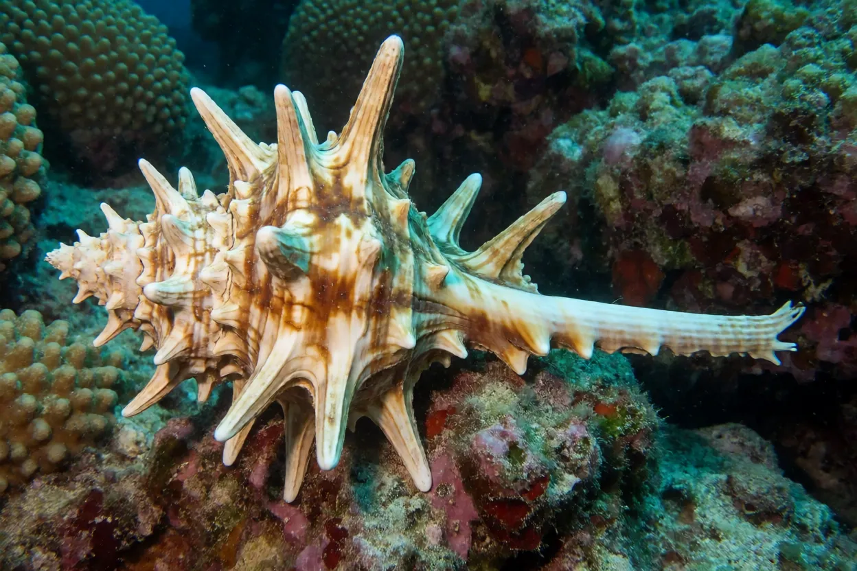 Murex Murex pente-de-vênus submerso no recife mostrando concha espinhosa completa