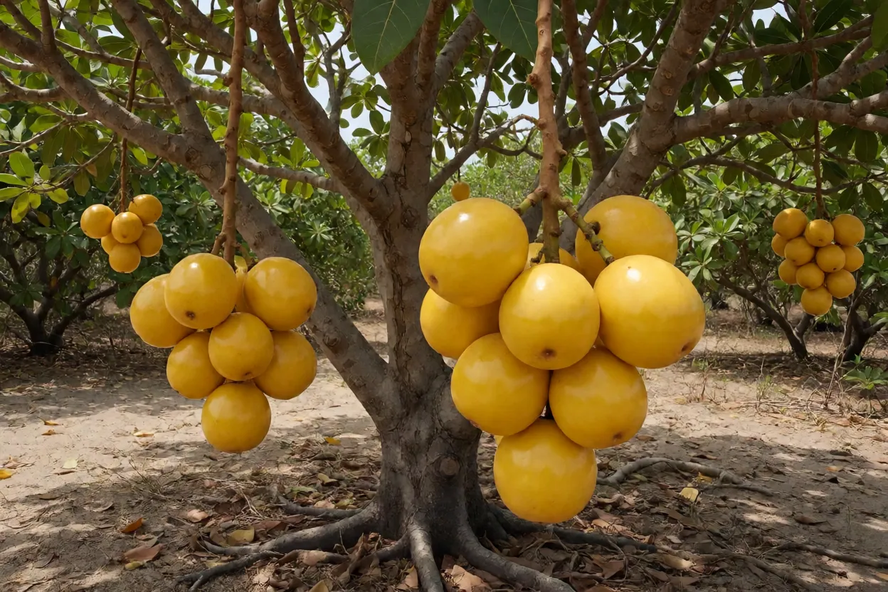 Árvore de murici-da-praia carregada de frutos amarelos na restinga
