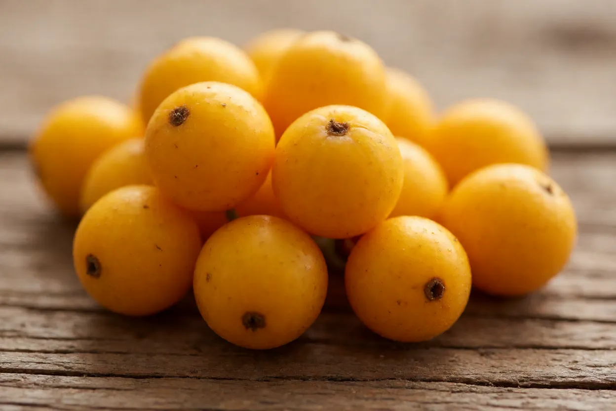 Close-up de frutos de murici-da-praia amarelos e alaranjados