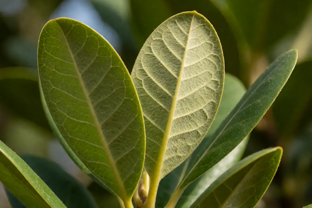 Folhas de murici-da-praia com textura coriácea e pelos sedosos