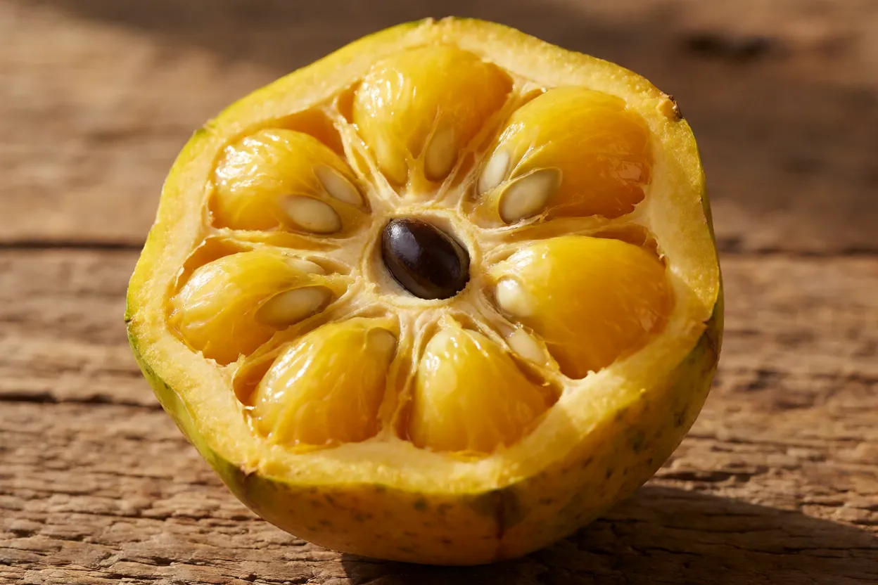 Fruto de murici-da-praia cortado mostrando polpa e semente