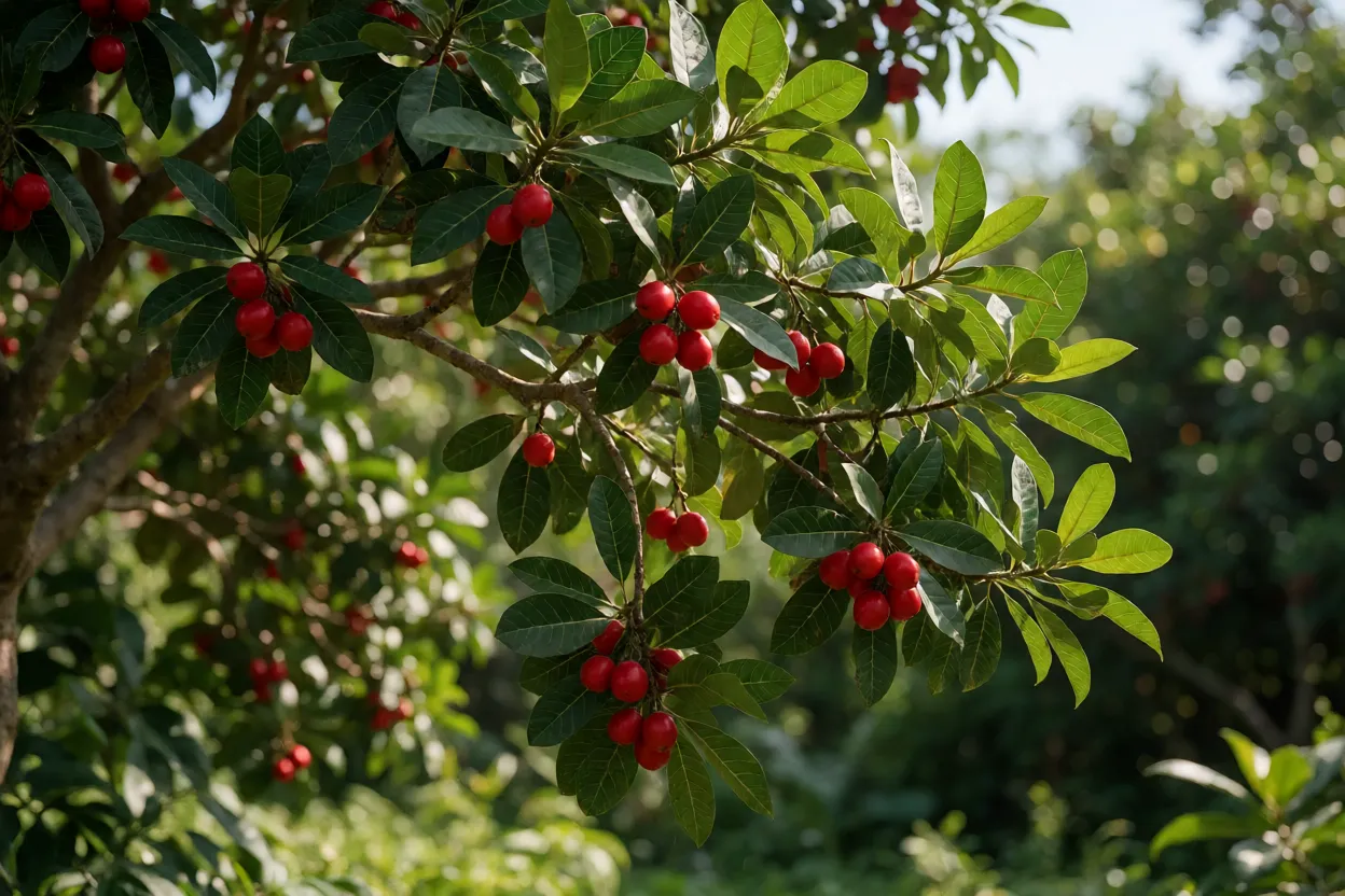 Árvore de murici-vermelho-da-Amazônia carregada de frutos vermelhos