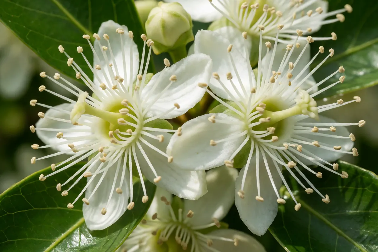 Flores brancas da murta com muitos estames e folhas brilhantes