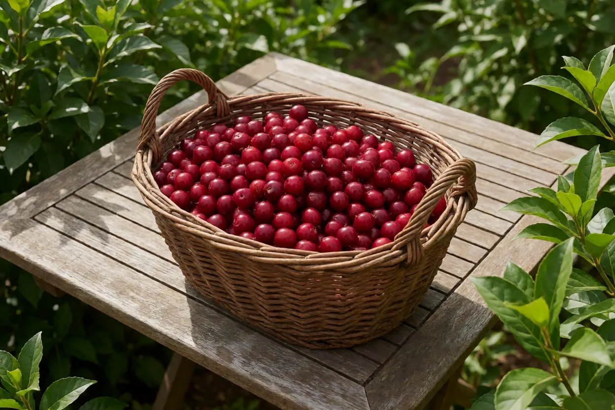 Cesto com colheita de frutos de murta recém-colhidos