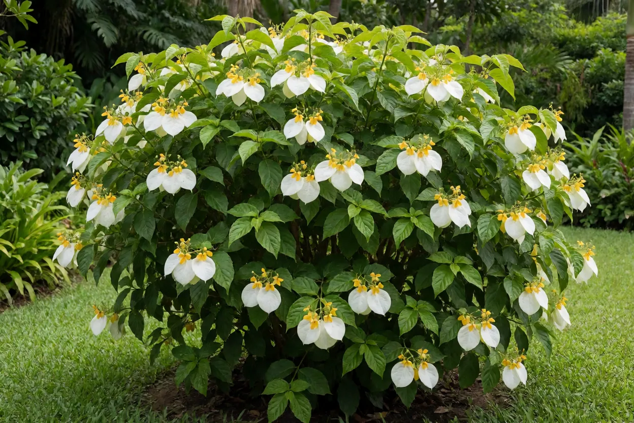 Mussaenda-branca adulta florida no jardim com brácteas brancas e flores amarelas