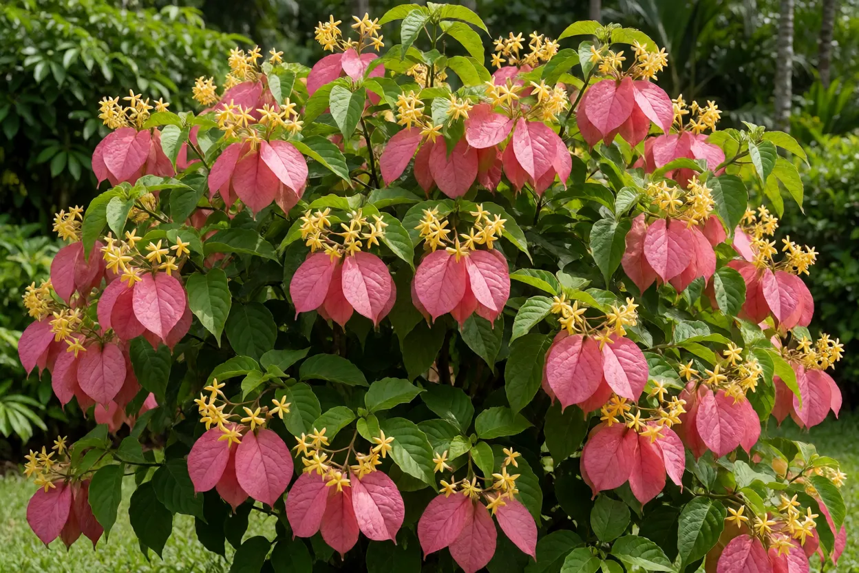 Mussaenda-rosa adulta florida em jardim tropical a pleno sol