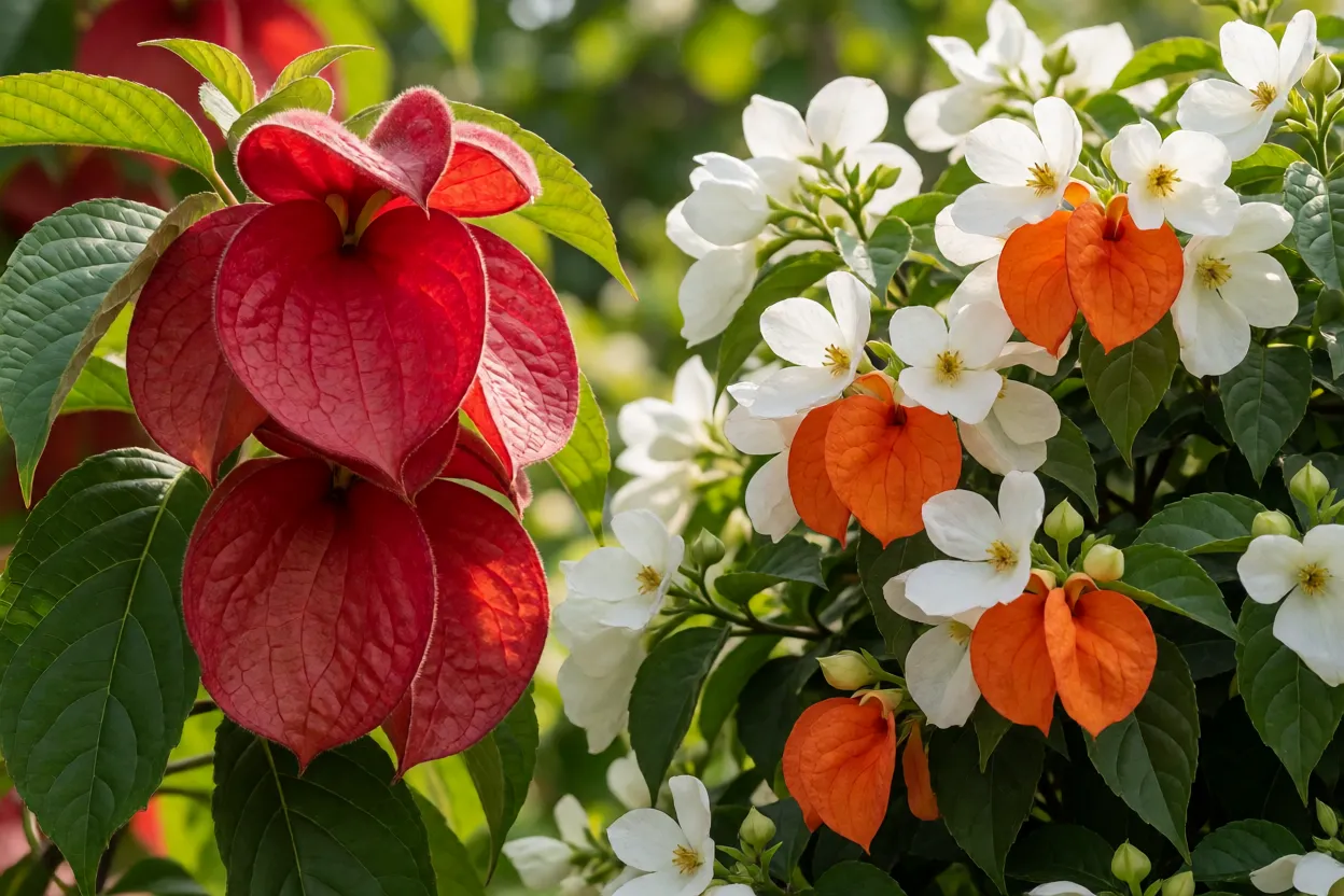 Mussaenda: tipos, cores, características e como cultivar Mussaenda erythrophylla de sépalas vermelhas ao lado de uma Mussaenda branca