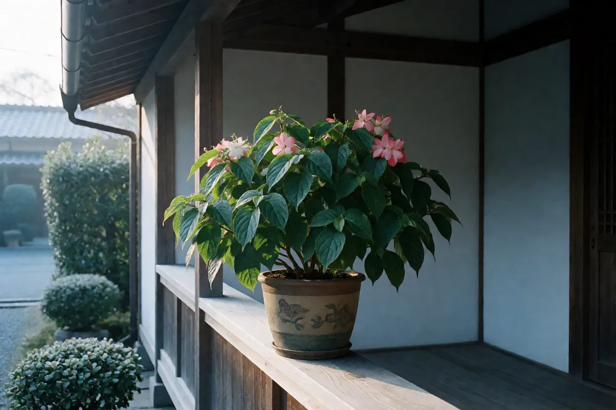Mussaenda: tipos, cores, características e como cultivar Mussaenda em vaso protegida do frio em uma varanda coberta