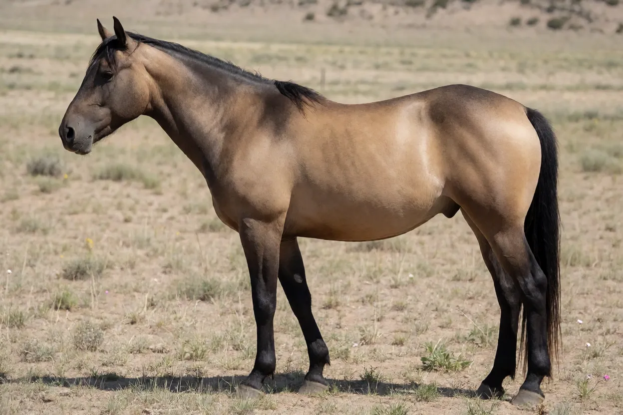Cavalo Mustang adulto de corpo inteiro em pasto árido do Oeste americano