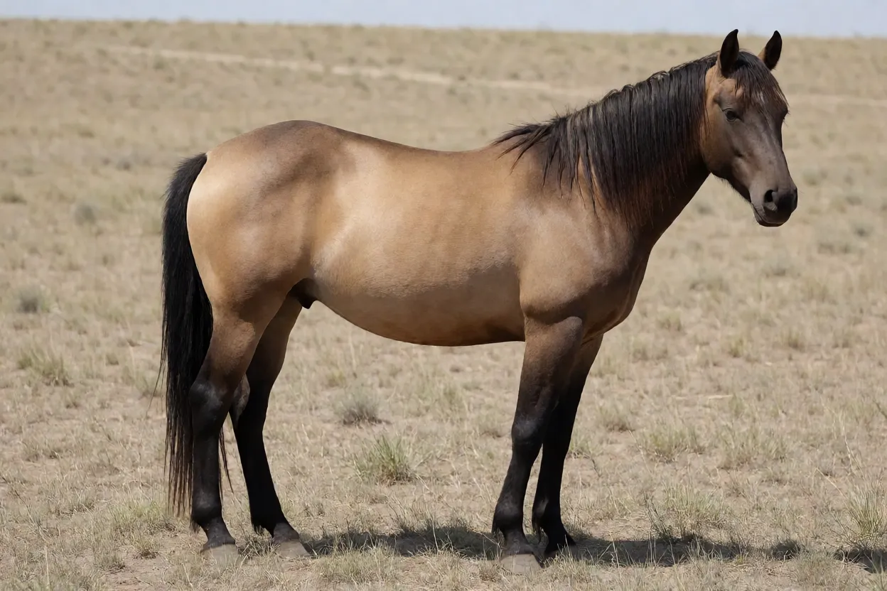 Cavalo Mustang Espanhol adulto de pelagem baia-dun em pasto, vista lateral