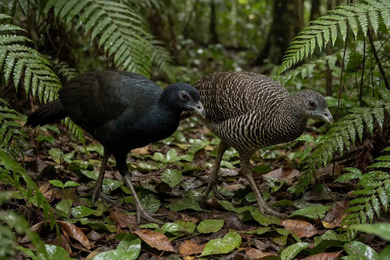 Casal de mutuns caminhando no chão da Mata Atlântica