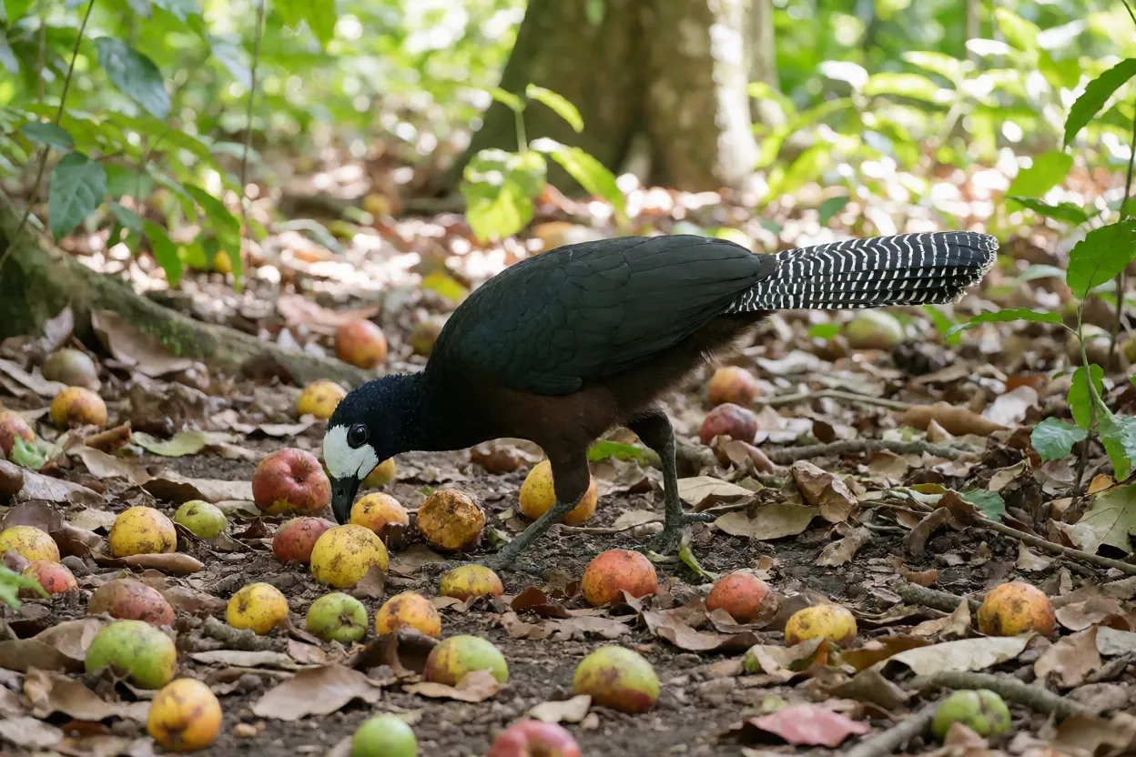 Mutum-de-penacho se alimentando de frutos caídos no chão da mata