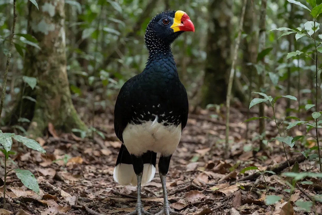 Mutum-do-sudeste macho de corpo inteiro em pé no chão da Mata Atlântica