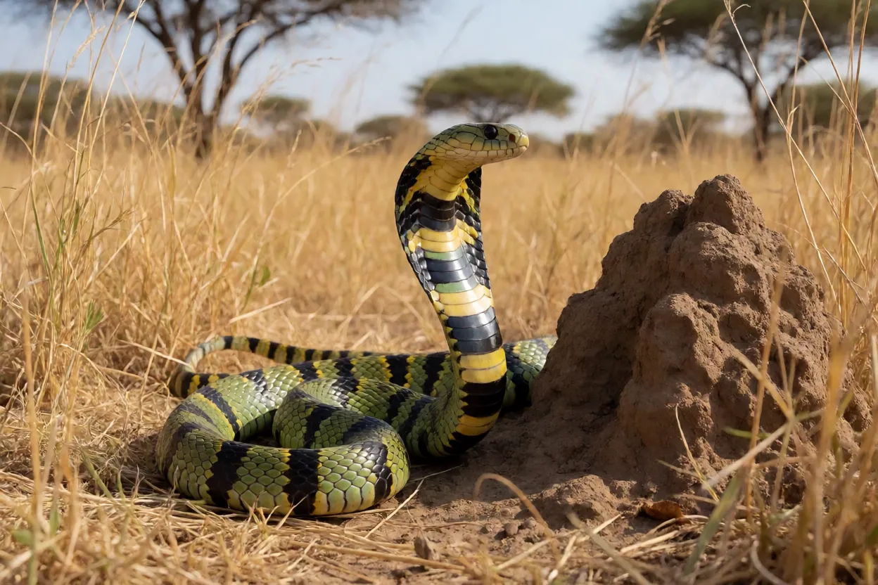 Naja-cuspideira em habitat natural de savana com cupinzeiro