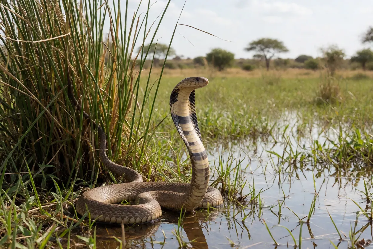 Naja-cuspideira-de-Moçambique em habitat natural úmido com vegetação ribeirinha