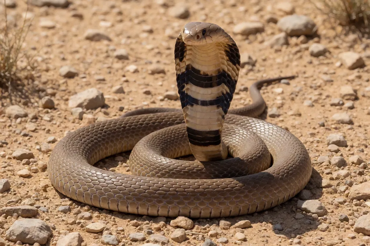 Naja-do-Egito Naja-do-egito adulta de corpo inteiro enrolada em solo rochoso do deserto