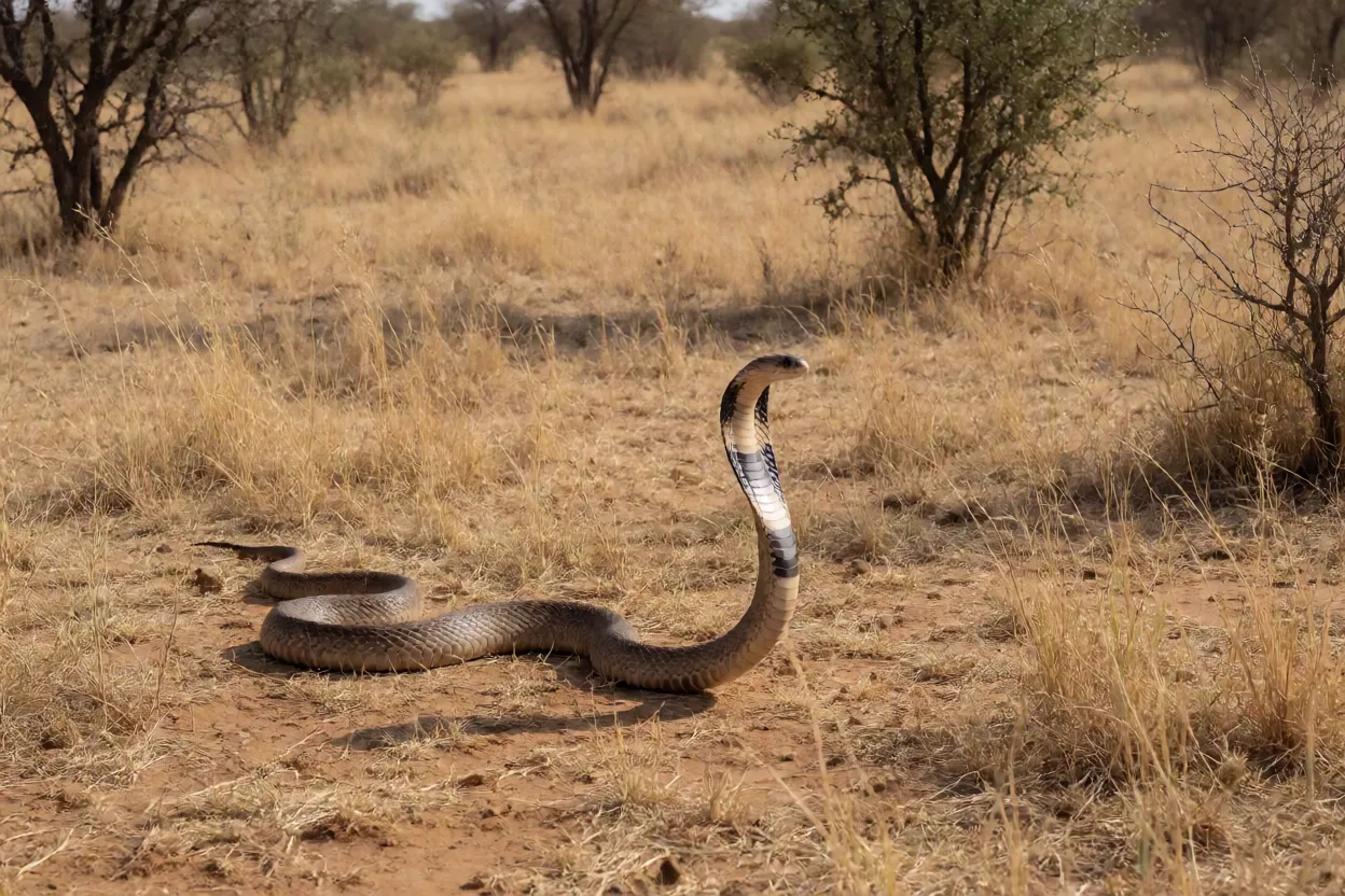 Naja-do-egito se deslocando em savana seca