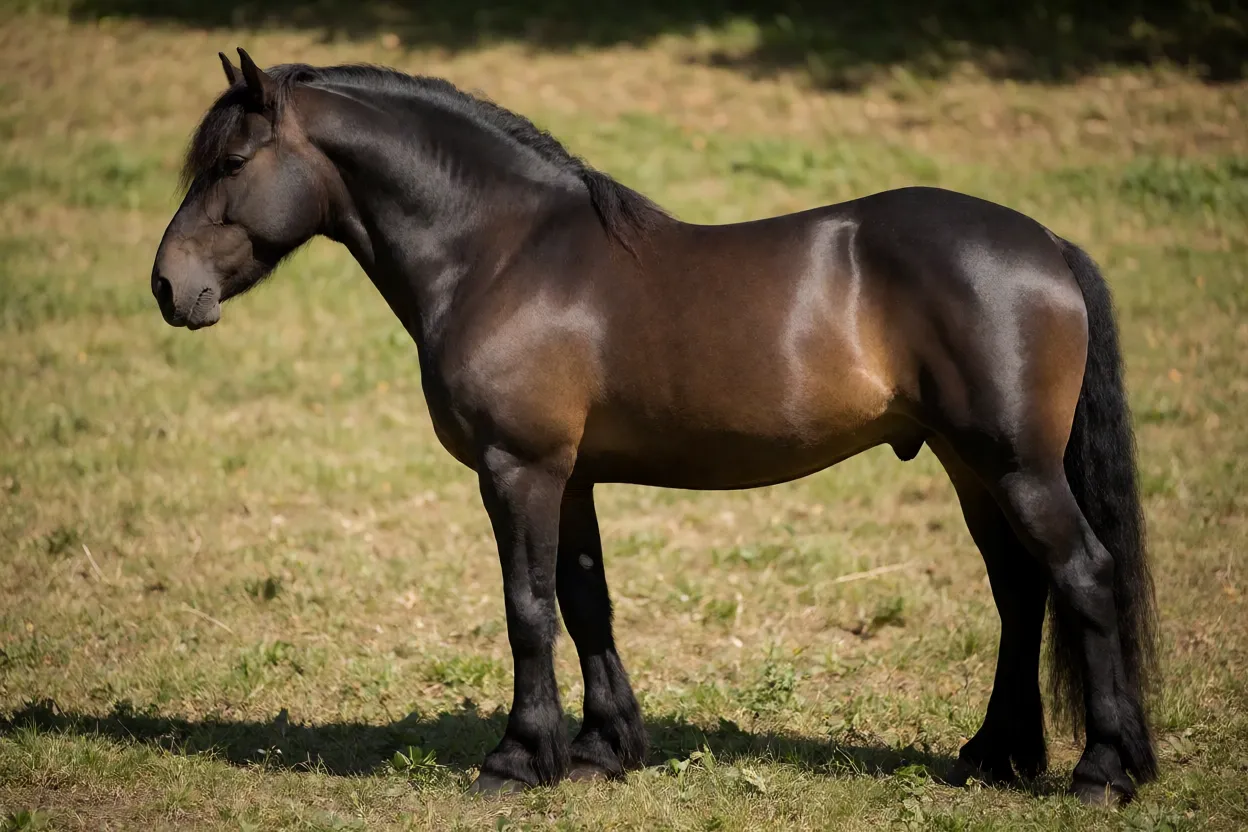 Cavalo Napolitano adulto de perfil em pasto, mostrando conformação barroca
