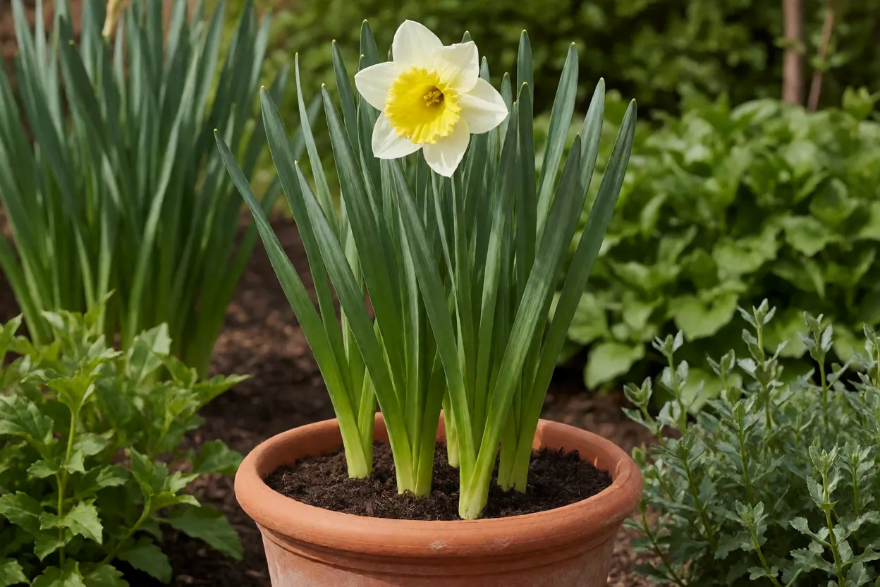Narciso amarelo de trombeta em vaso de barro florido