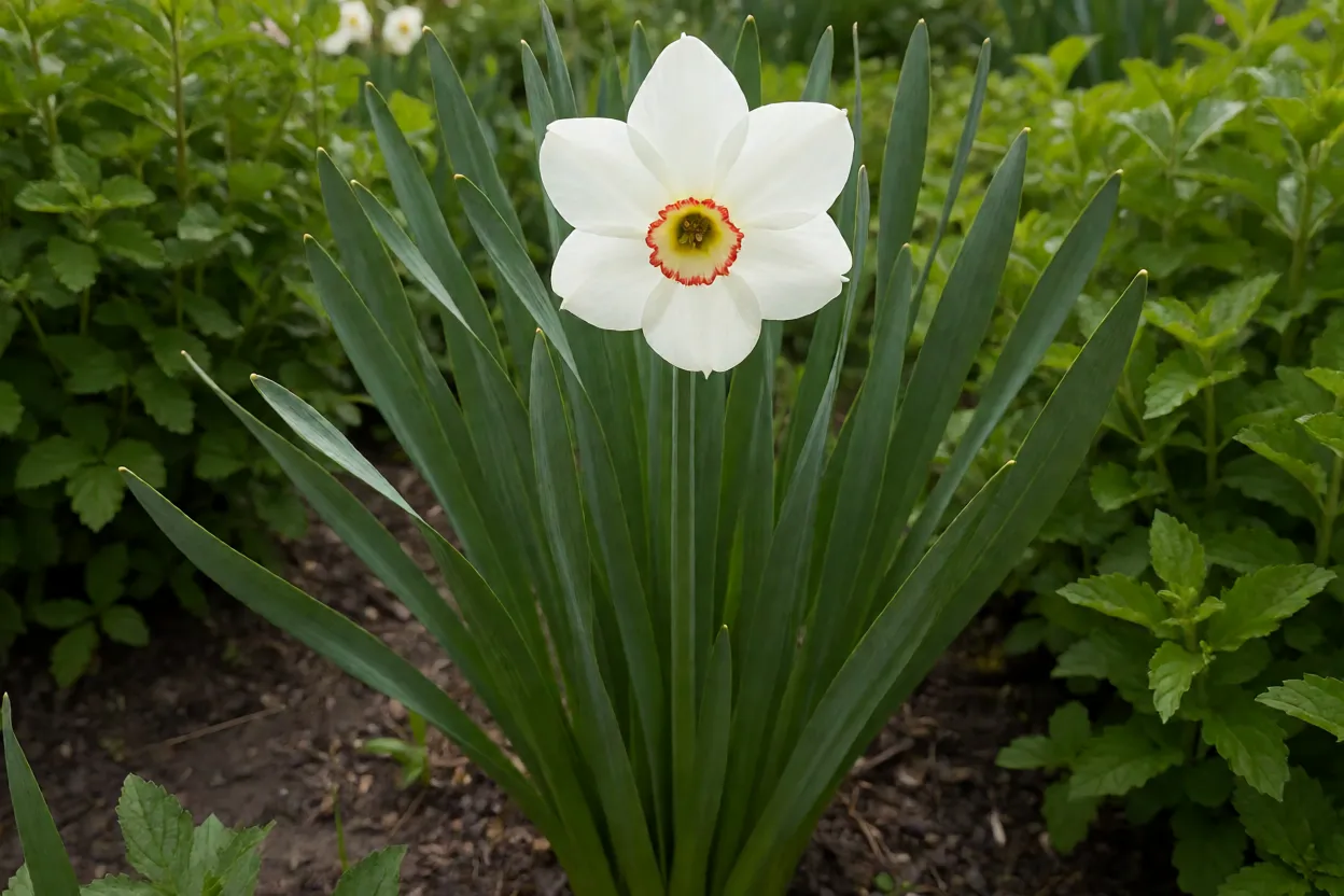 Narciso-dos-poetas florido em canteiro de jardim com flor branca e coroa vermelha