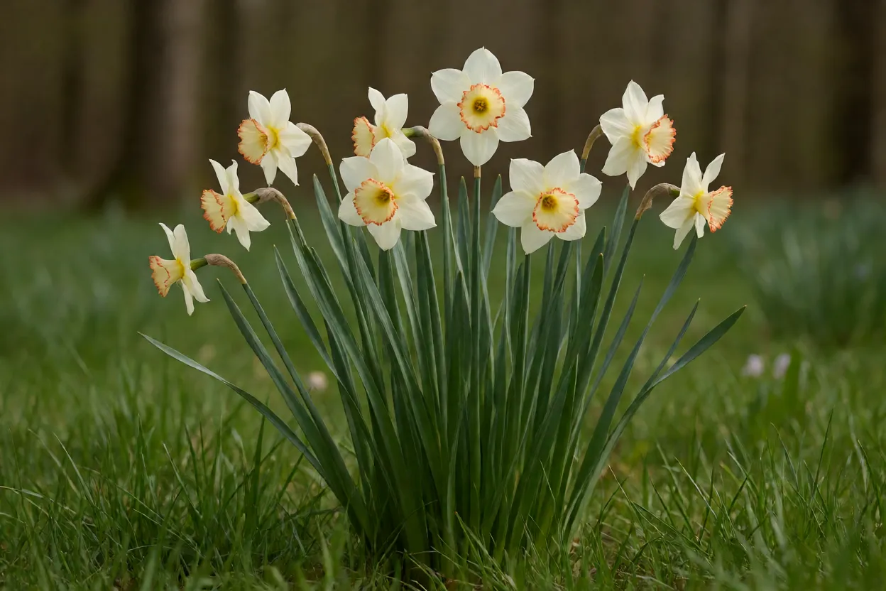 Campo de narcisos selvagens em paisagem europeia temperada