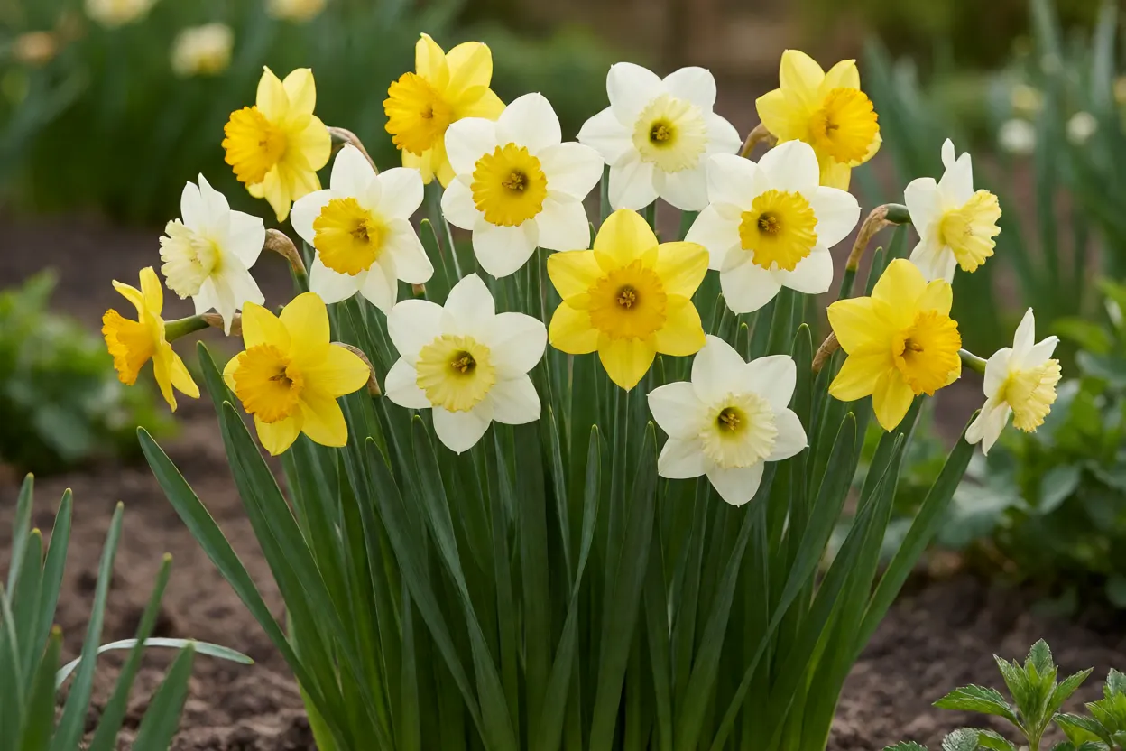 Grupo de narcisos em diferentes est&aacute;gios de abertura