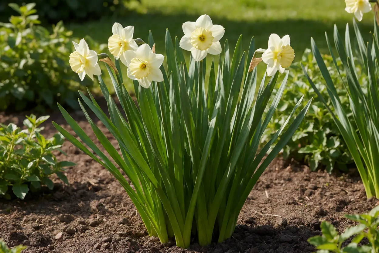 Narcisos plantados em canteiro ensolarado com solo bem drenado