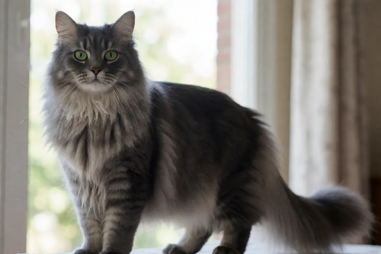 Gato Nebelung adulto de corpo inteiro com pelagem azul semi-longa e cauda emplumada
