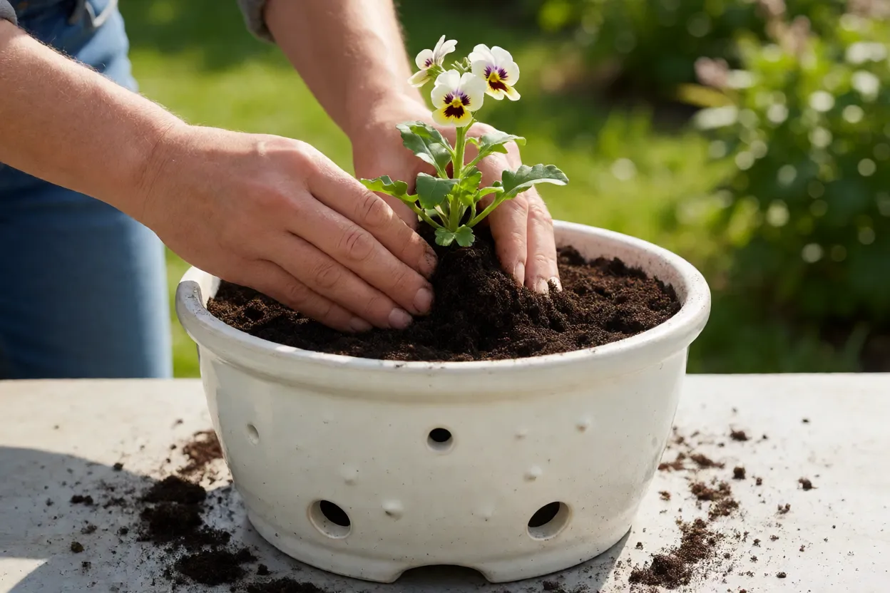 Nem&eacute;sia sendo plantada em vaso com boa drenagem