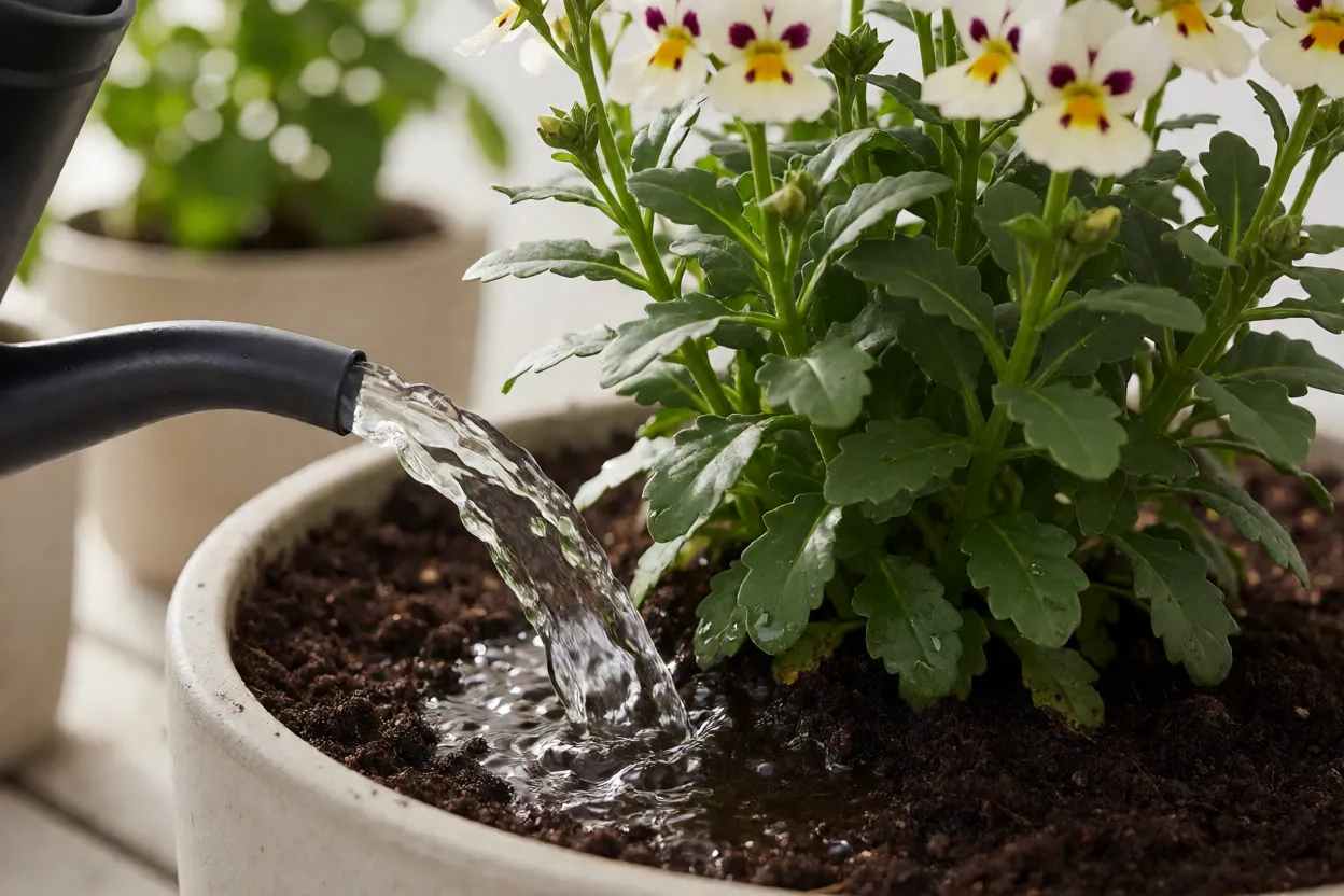 Rega cuidadosa de uma nem&eacute;sia cultivada em vaso