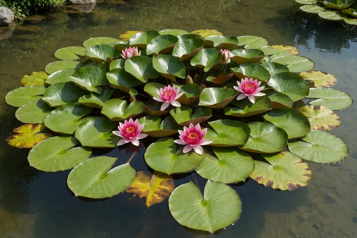 Nenúfar Nenúfar adulto com folhas flutuantes e flores rosas e brancas em lago ornamental