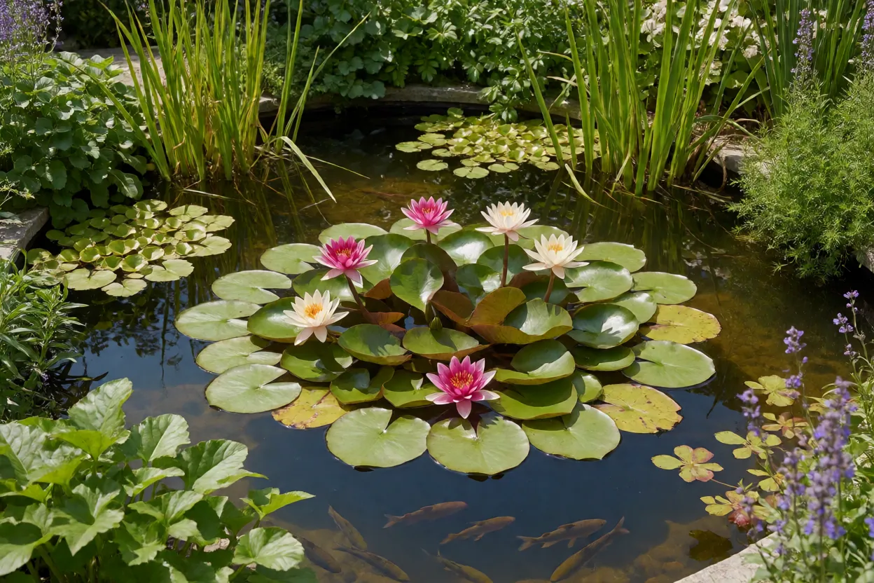 Lago com nen&uacute;fares, plantas marginais e peixes em equil&iacute;brio
