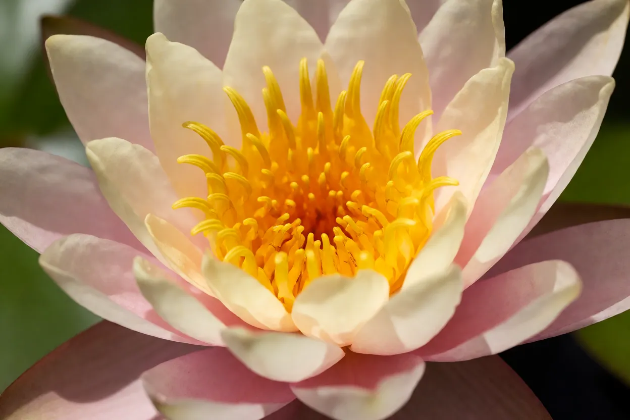 Flor de nen&uacute;far aberta em close mostrando detalhe das p&eacute;talas e estames