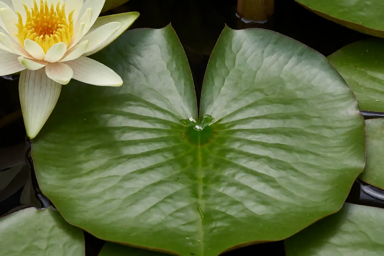 Detalhe bot&acirc;nico de folha e flor de nen&uacute;far mostrando a fenda caracter&iacute;stica